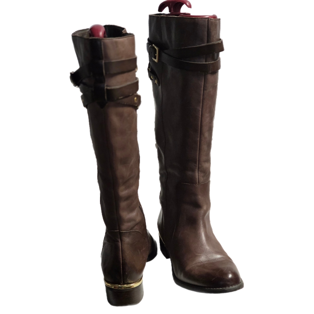 Franco Sarto Stylish Lea Celeste. Brown Leather Knee-High Tall Riding Boots - Picture 6 of 6